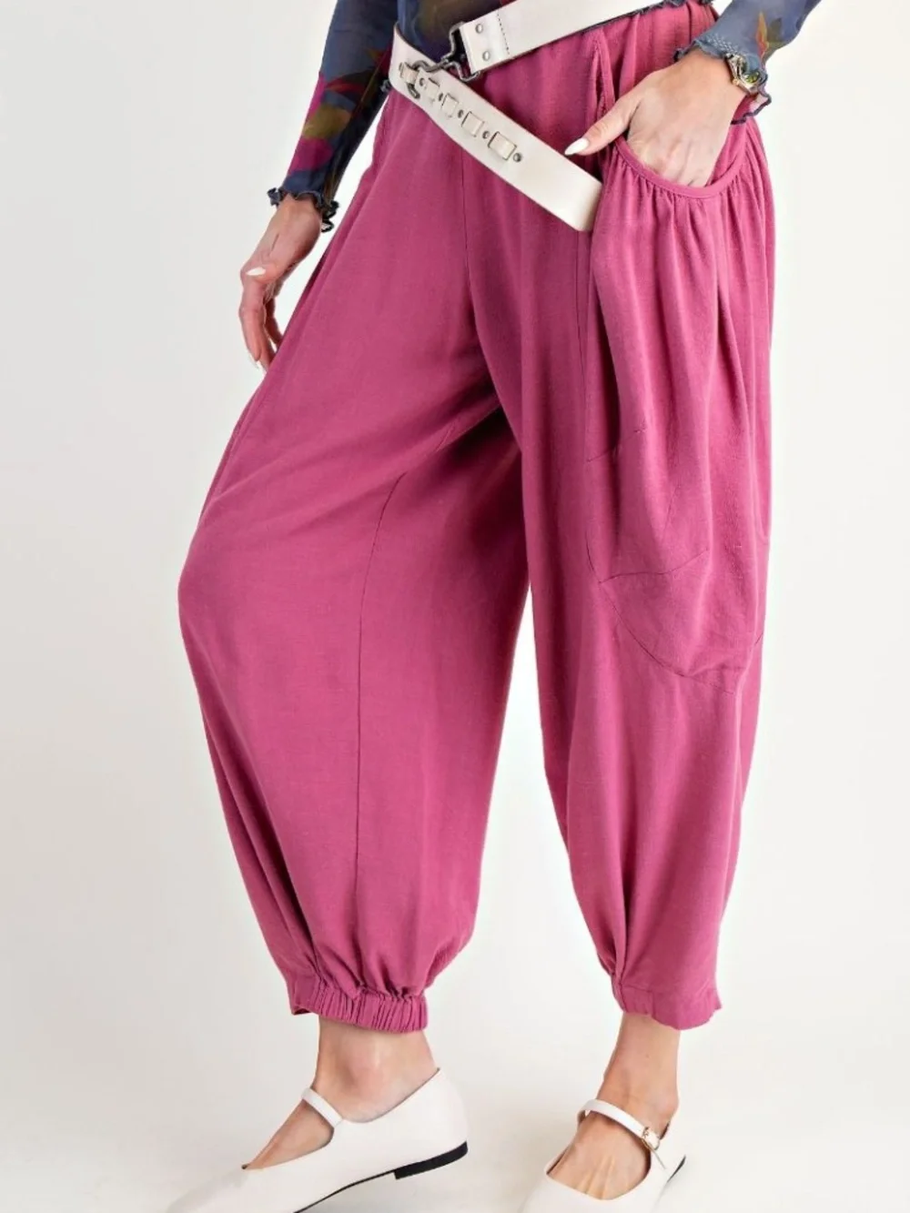 Easel Pink Stretchy waist Harem Ruched Linen Pants - Picture 4 of 7